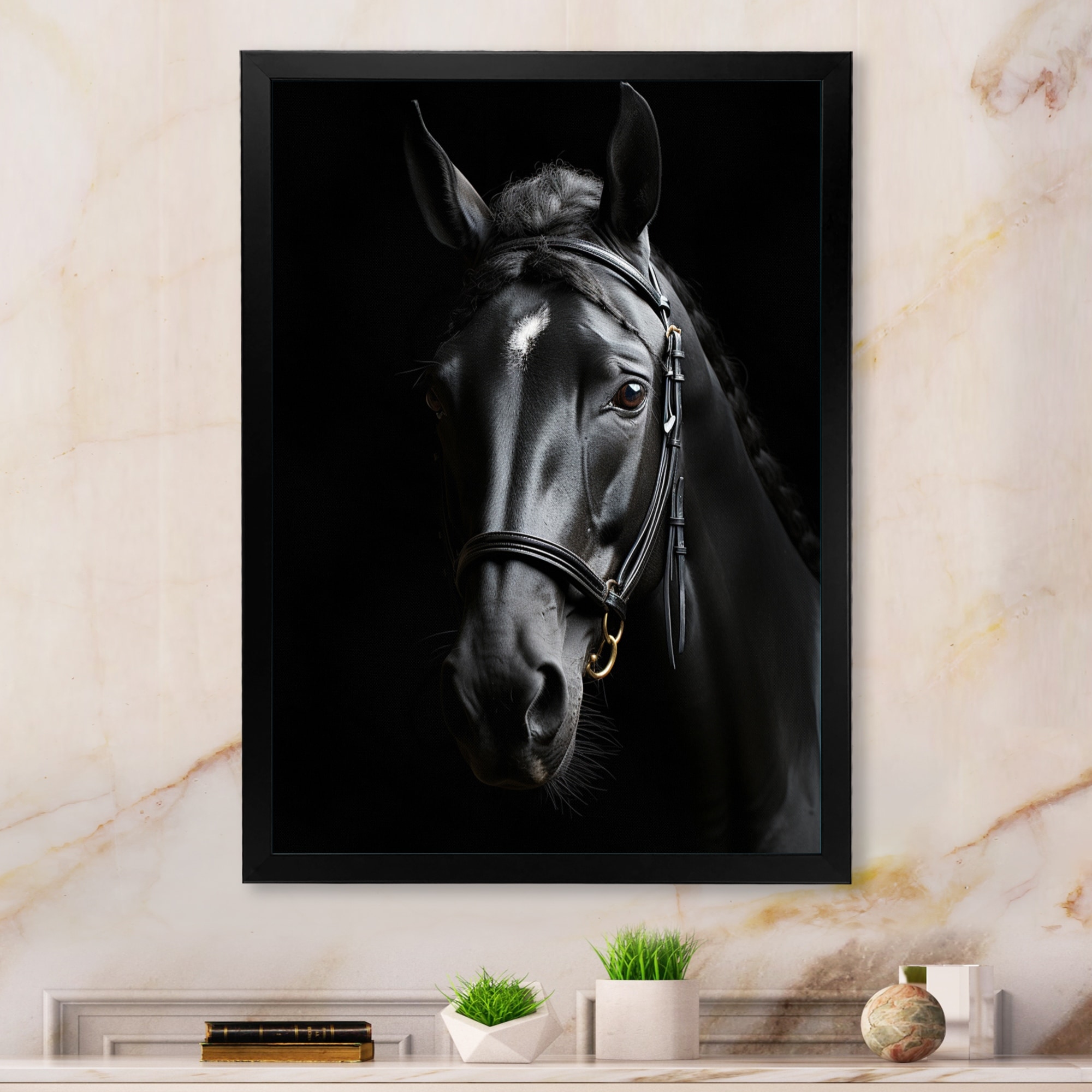 Designart "Black And White Horse Elegance" Animals Horse Framed Wall Decor