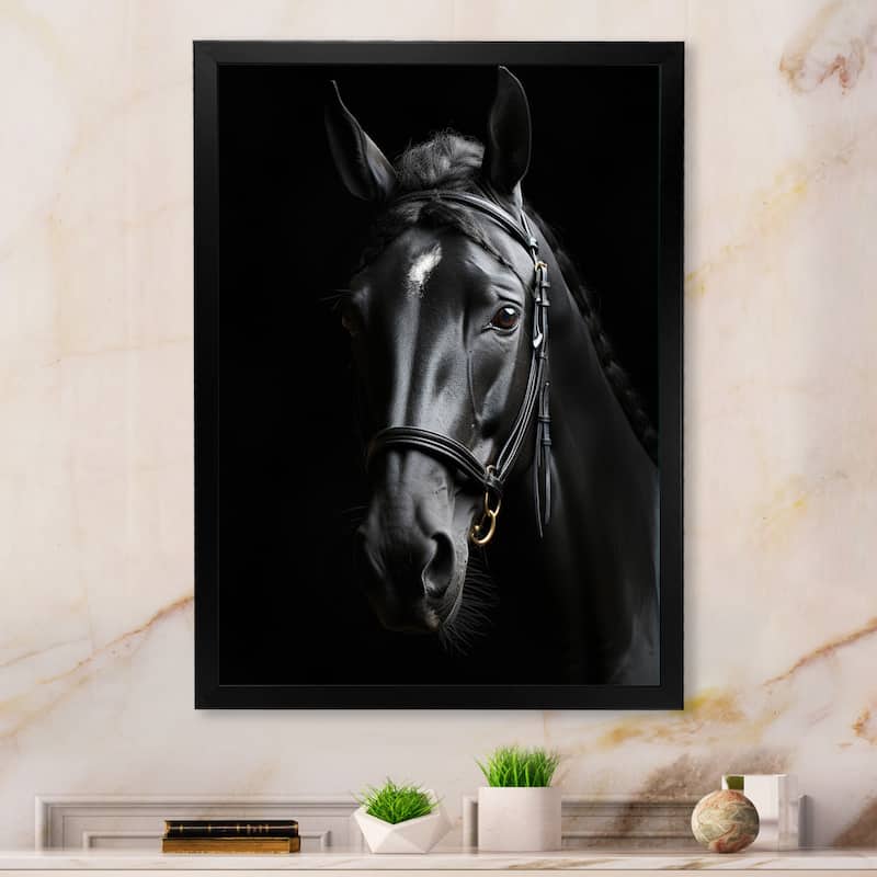 Designart "Black And White Horse Elegance" Animals Horse Framed Wall Decor - 30 in. wide x 40 in. high - Black