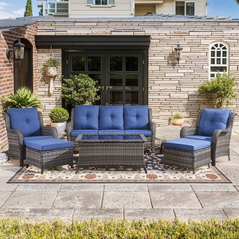 Pocassy 6 Pieces Outdoor 3-Seat Sofa Chairs Table Ottoman - Brown Wicker - Red cushion