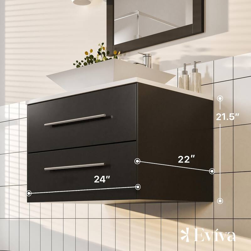 Wave 24" Espresso SS Bath Vanity with White Quartz Top and Vessel Porcelain Sink