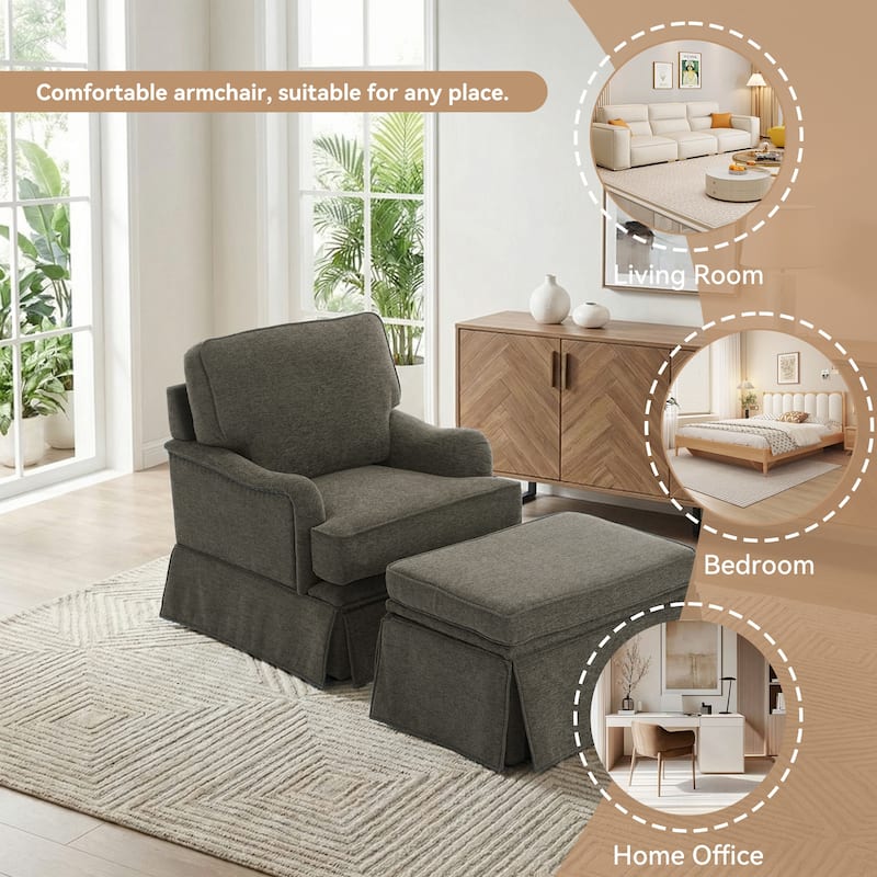 Chenille Swivel Accent Chair Storage Ottoman Set with Nailhead Trim Skirt