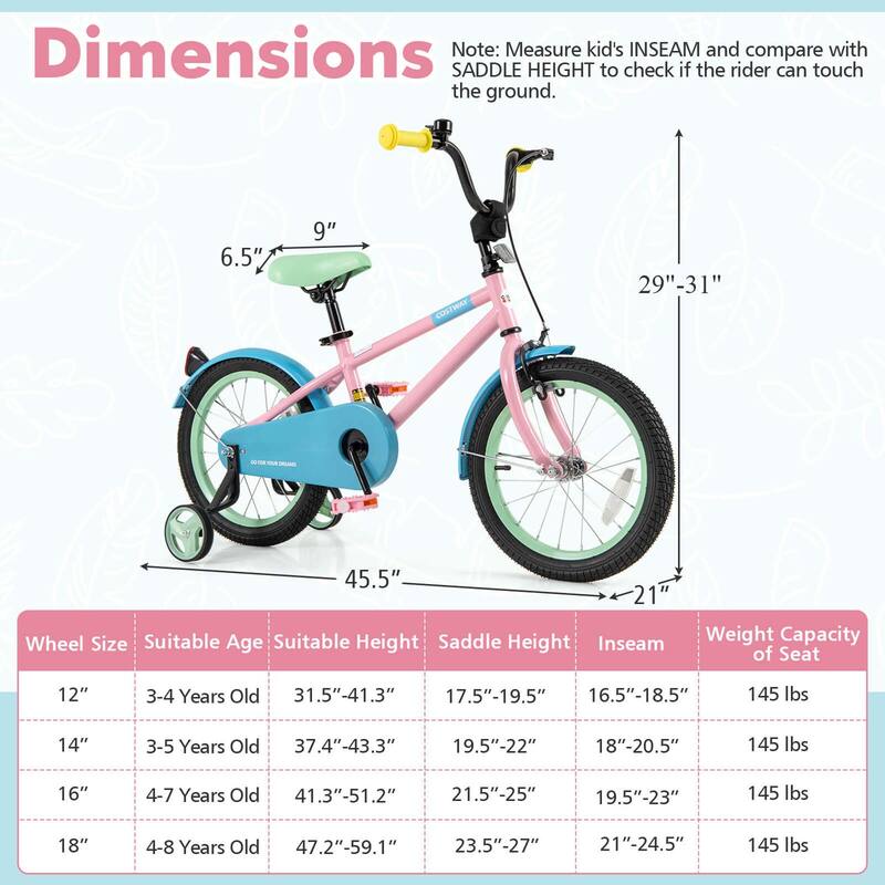 Costway 16" Kids Bike with Adjustable Saddle Handlebar Removable