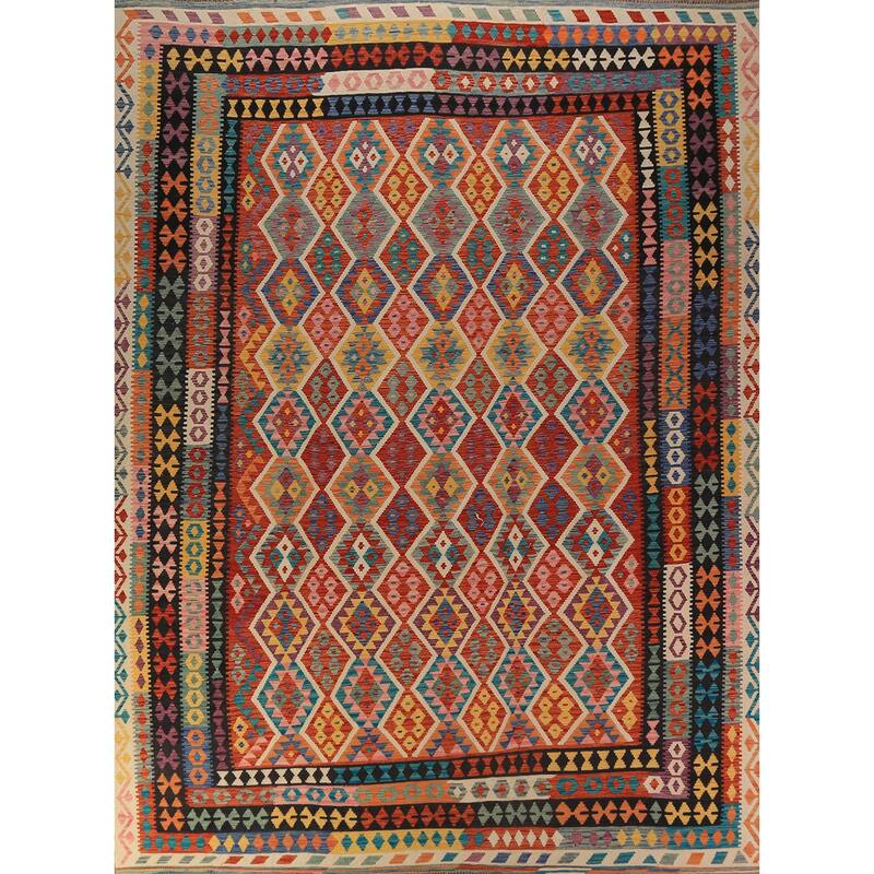 Geometric Kilim Area Rug Flatweave Oriental Multi-Color Wool Carpet - 9'11"x 12'10"