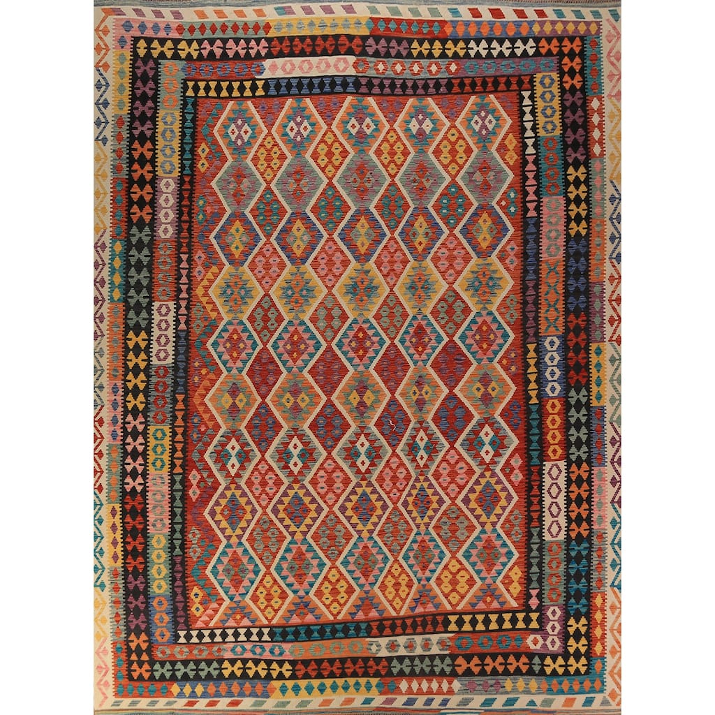 Geometric Kilim Area Rug Flatweave Oriental Multi-Color Wool Carpet - 9'11"x 12'10"