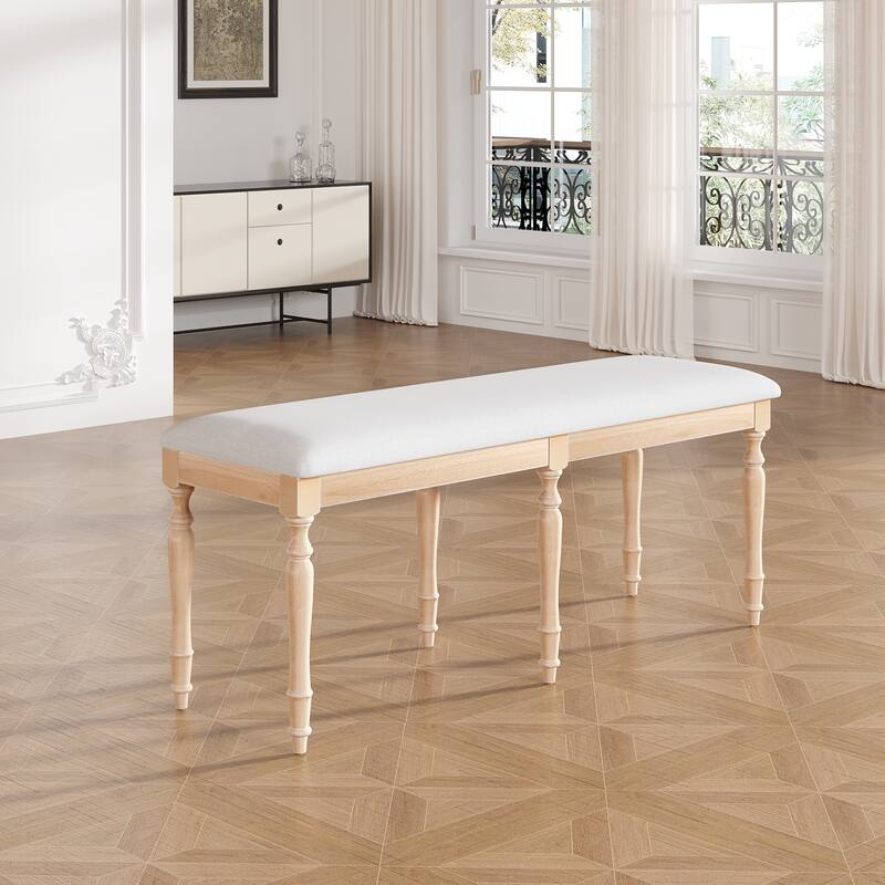 Vintage 50.4" Upholstered Bench with 6 Solid Wood Legs - Natural