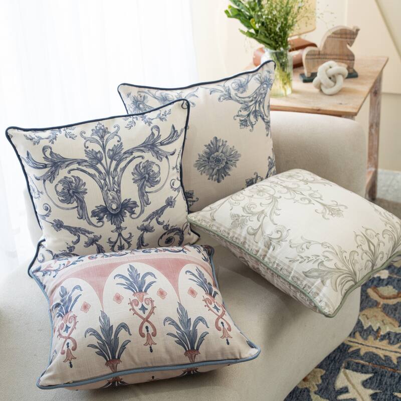 Reversible Damask Floral Outdoor Patio Square Throw Pillow - 20" - Cream and Blue