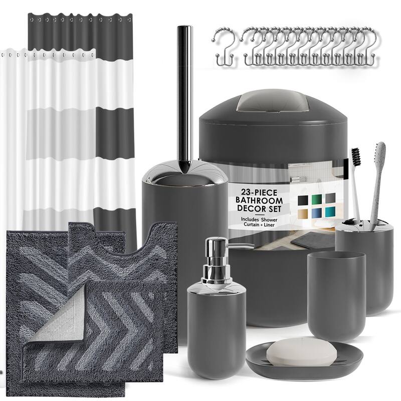 Clara Clark Bathroom Accessories Set with Shower Curtain and Rugs - Grey