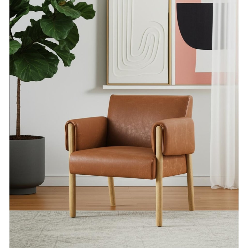 HomeRoots 30" Brown and Natural Faux Leather and Solid Wood Arm Chair - 29.72 in. x 31.50 in. x 28.54 in.