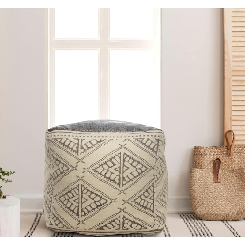 20-Inch Pouf Ottoman Soft Cotton Upholstery with Tribal Geometric Design Perfect for Living Room Bedroom or Entryway