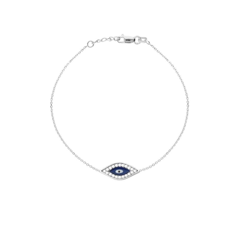 Curata 925 Sterling Silver 7" Cubic Zirconia Enamel Evil Eye Adjustable Bracelet - Rhodium, Yellow and Rose Gold Plated - White Rhodium