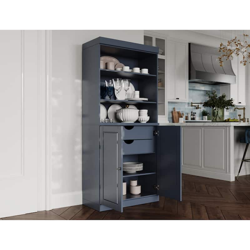 100% Solid Wood Kitchen Pantry Cabinet with 2 Clear Glass or Solid Wood Doors and 2-Drawer Organizer by Palace Imports - Antique Blue - Solid