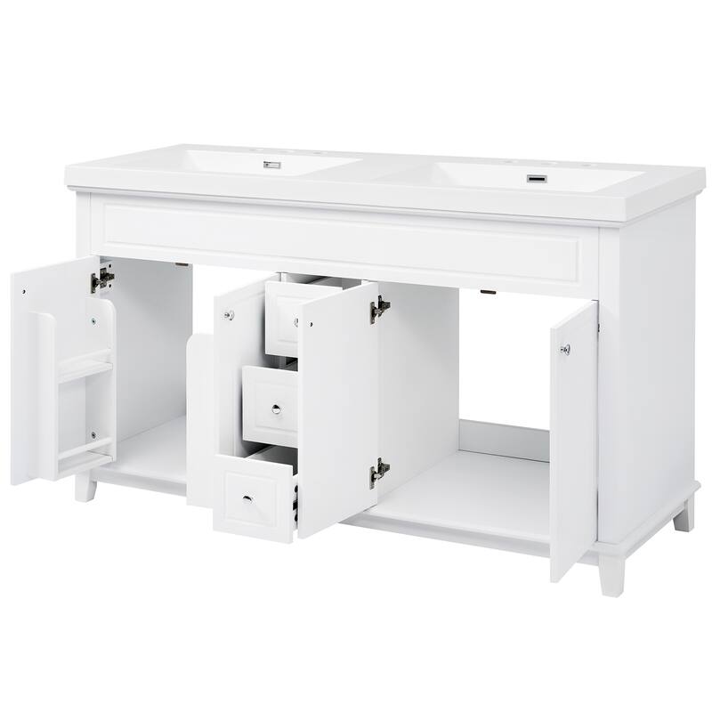 60" Bathroom Vanity-Classic-Wood Legs-Resin Double Sinks with Soft-Close Drawers & Doors.