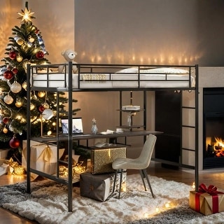 Full Size Loft Bed with Desk and Shelf, Space Saving Design, Black