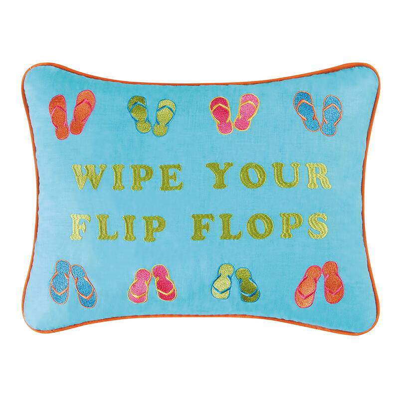 Wipe Your Flip Flops Blue Coastal Cotton Embroidered Pillow
