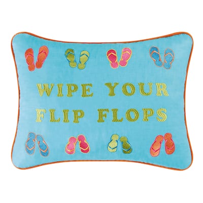 Wipe Your Flip Flops Blue Coastal Cotton Embroidered Pillow