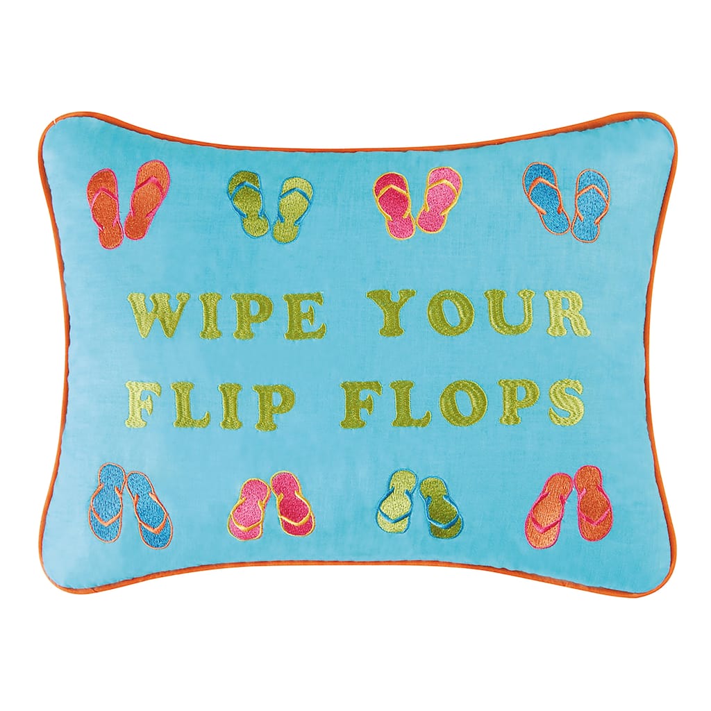 Wipe Your Flip Flops Blue Coastal Cotton Embroidered Pillow