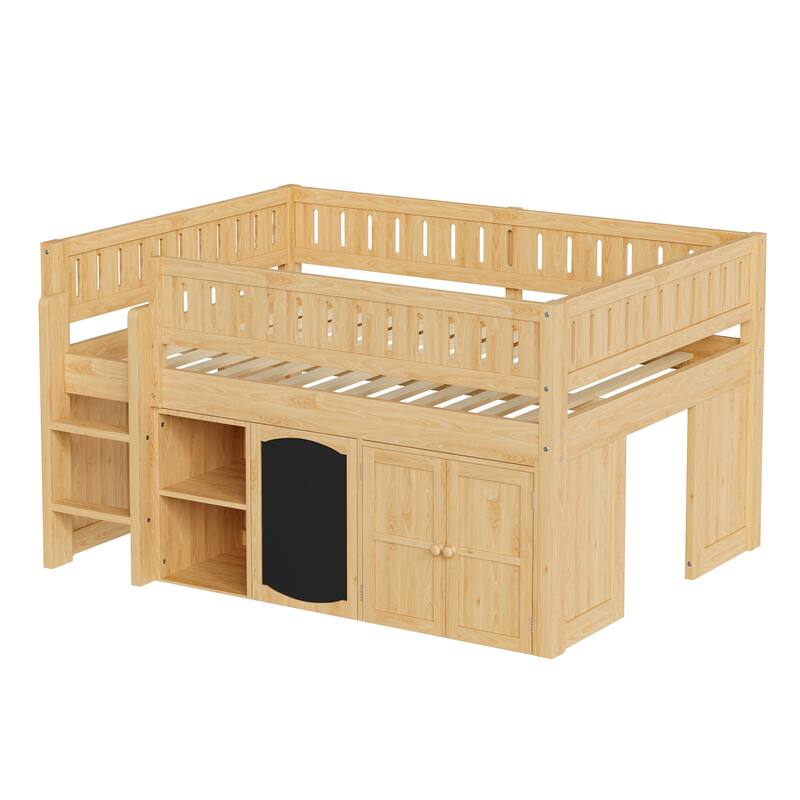 Wooden Full Size Loft Bed with Double-Door Storage Cabinet, Open Shelves and Chalkboard Panel