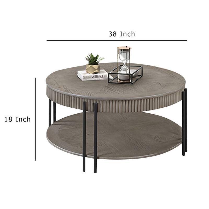 Pery Coffee Table, 38 Inch, Light Gray Round Top, Sleek Iron Legs
