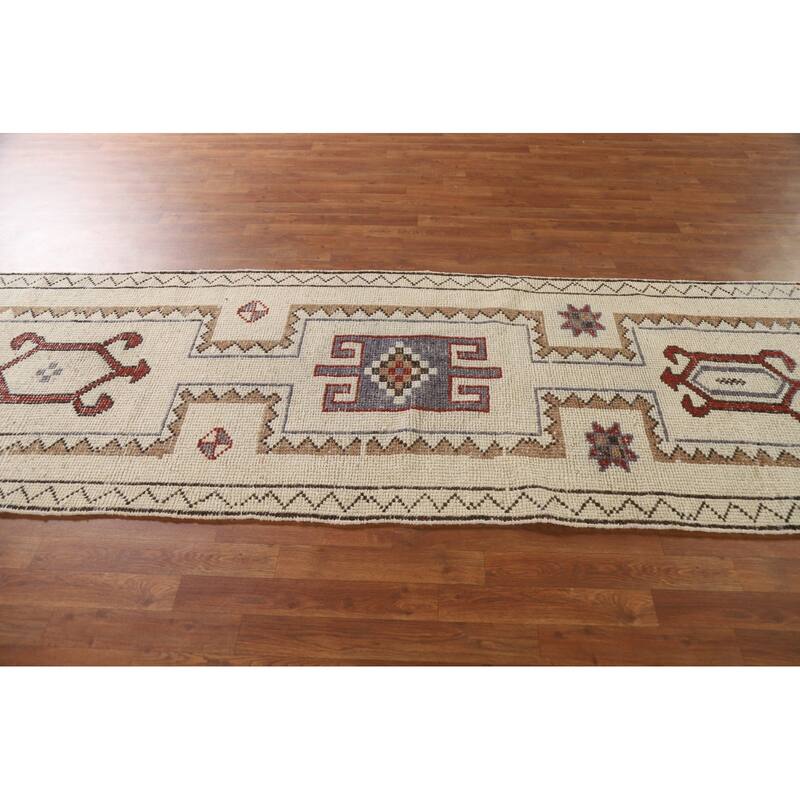 Natural Dye Anatolian Runner Rug Handmade Turkish Beige Wool Carpet - 3'4"x 10'6"