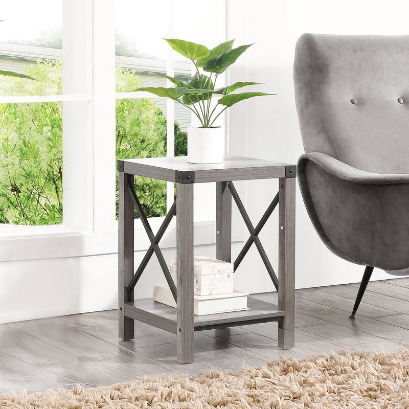 Ledel Rustic Farmhouse End Table Accent Side Table with Storage Shelf