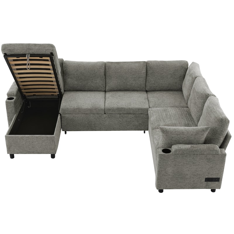 Roomfitters U-Shaped Sectional Sleeper Sofa with Storage, USB Ports and Cup Holders, Convertible Bed for Living Room