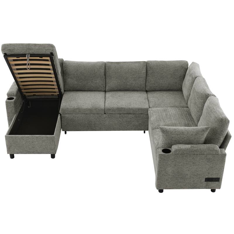 U-Shaped Chenille Sectional Sofa with Storage Chaise Lounge, Convertible Sleeper Sofa Bed with Cup Holders & Charging Ports
