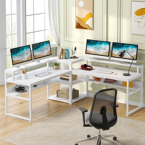 slide 1 of 15, L-Shaped Computer Desk Large Corner Desk with Monitor Riser and 3-Tier Shelf for Home Office White