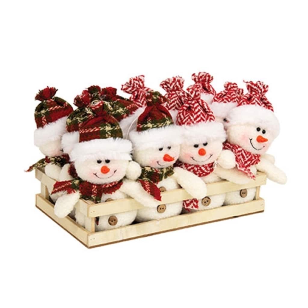 12/Set Plush Plaid and Chevron Snowmen with Wooden Crate - 3" x 1.50" x 6.25"