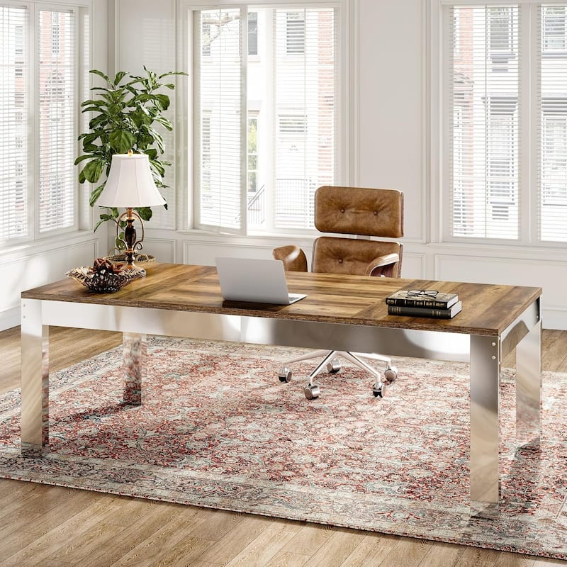 78.7" Extra Long Computer Desk, Large Executive Office Table with Mirrored Metal Legs - Rustic Brown & Silver