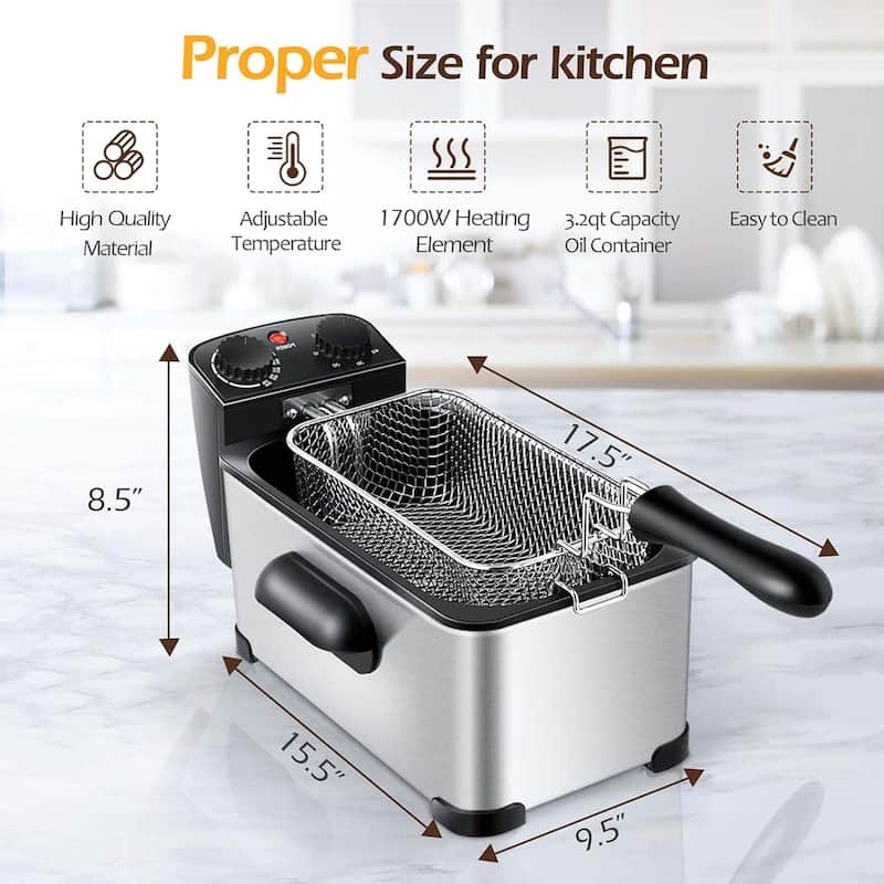 Electric Fryer 3.2 QT/12-Cup Stainless Steel 1700W w/ Frying Basket