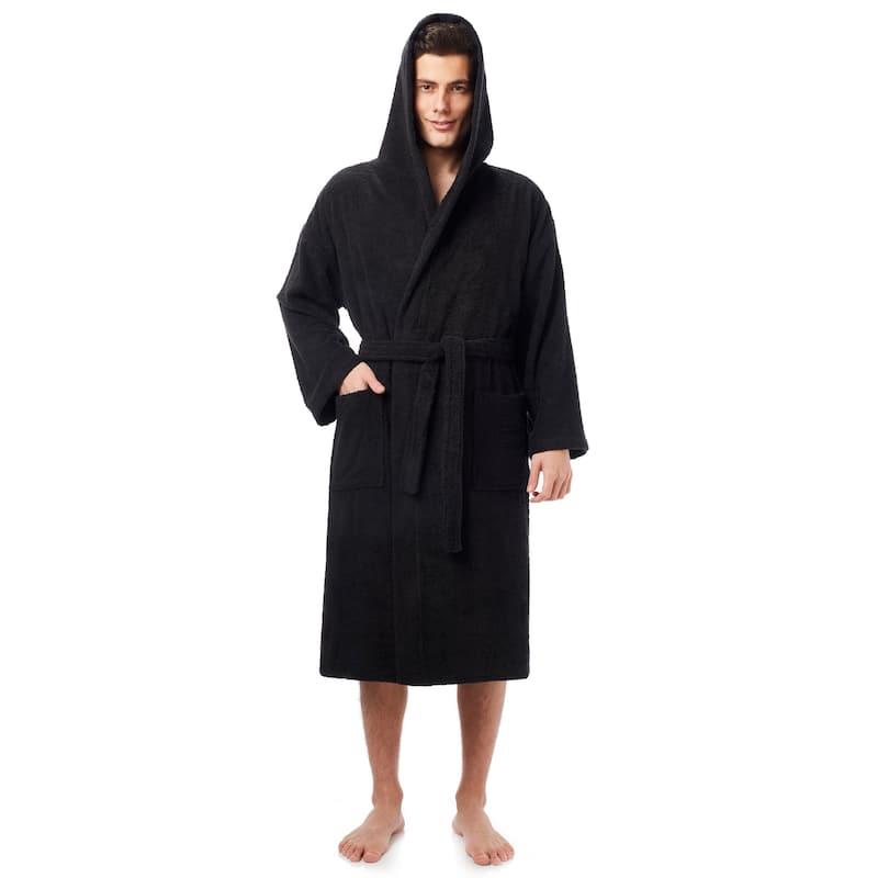 Men's Turkish Cotton Hooded Bathrobe - XXL - Black