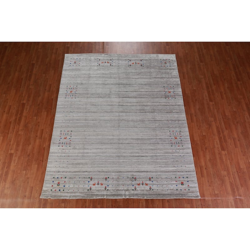 Hand Knotted Oriental Viscose Silk Carpet Tribal Stripe Greys & Charcoal Gabbeh Area Rug - 9' 11'' X 7' 10''