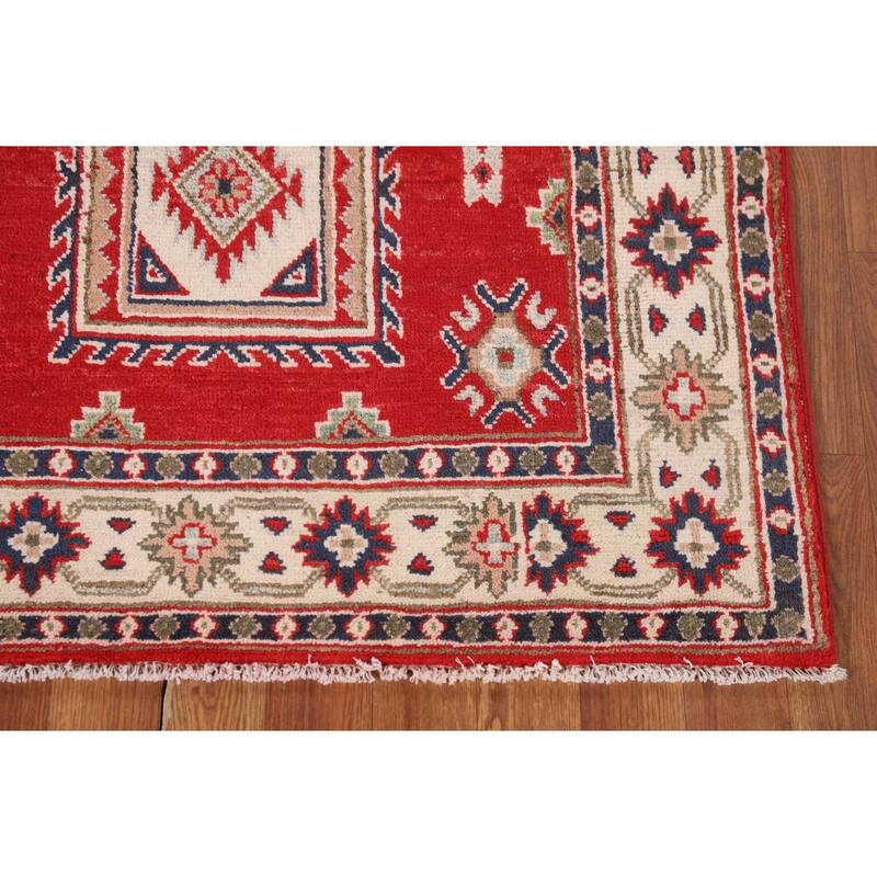 Red Geometric Kazak Oriental Foyer Rug Handmade Accent Wool Carpet - 3'3" x 5'9"