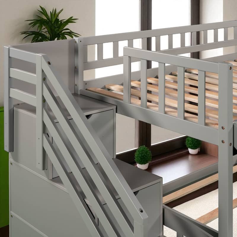 Stairway Twin over Twin Bunk Bed with Slide and 2 Drawers, Reversible Ladder and Guardrails
