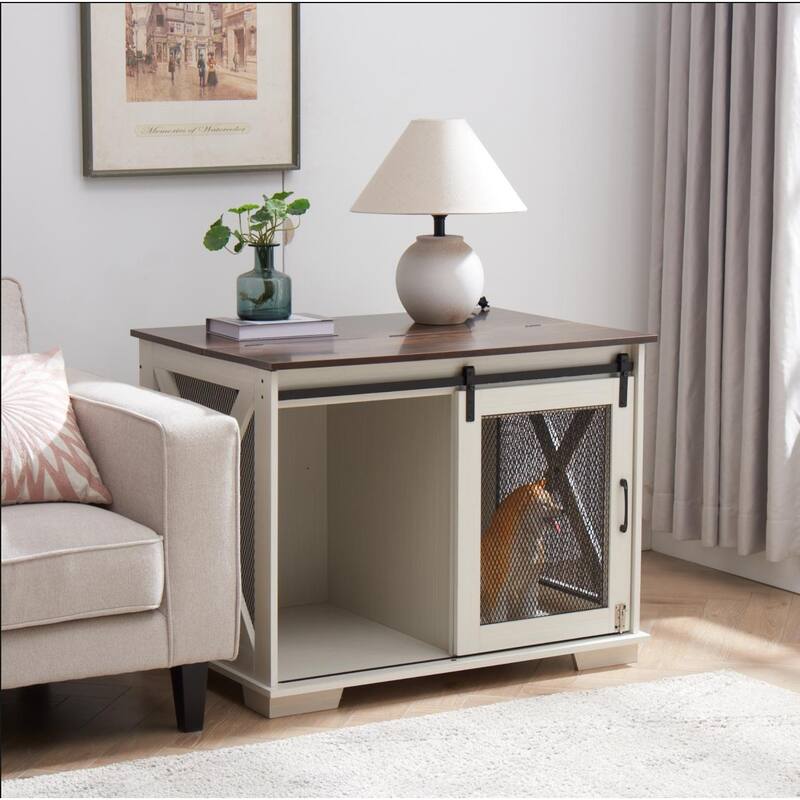 Wooden Dog Crate Furniture, Dog Kennel End Table with Sliding Barn Door, Dog Cage with Flip-top Plate & Detachable Divider