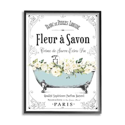 Stupell Vintage Parisian Bathroom Advertisement Floral Blue Tub Framed Wall Art - White
