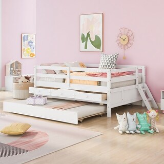 White Full Size Low Loft Bed with Full Safety Fence, Climbing Ladder, Storage Drawers and Trundle