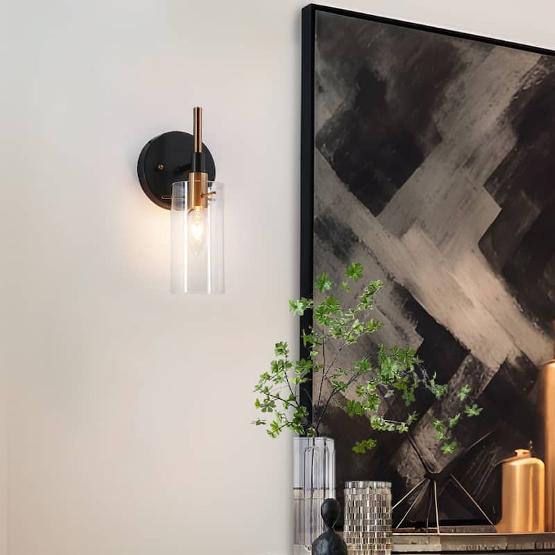 Modern Black Gold Bathroom Vanity Light Dimmable Wall Sconces with Cylinder Clear Glass - 1-Light
