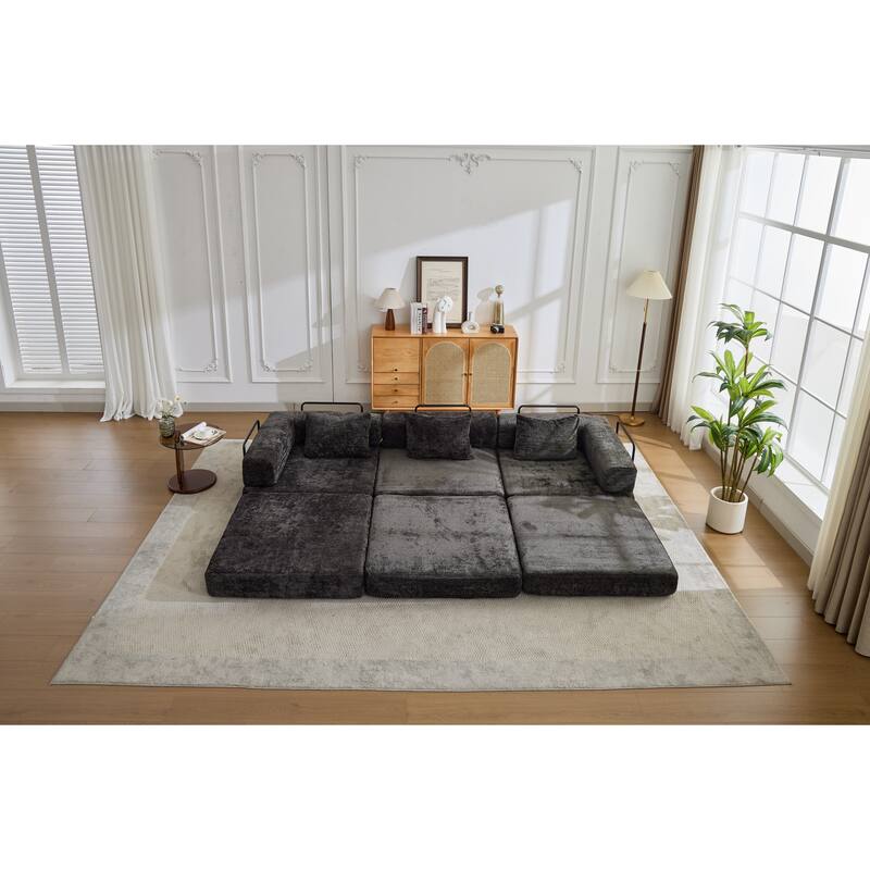Chenille Fabric Compression Sofa, Boneless Modular Sectional Sofa, Convertible Floor Sofa Bed with Fixed-Shape Frame