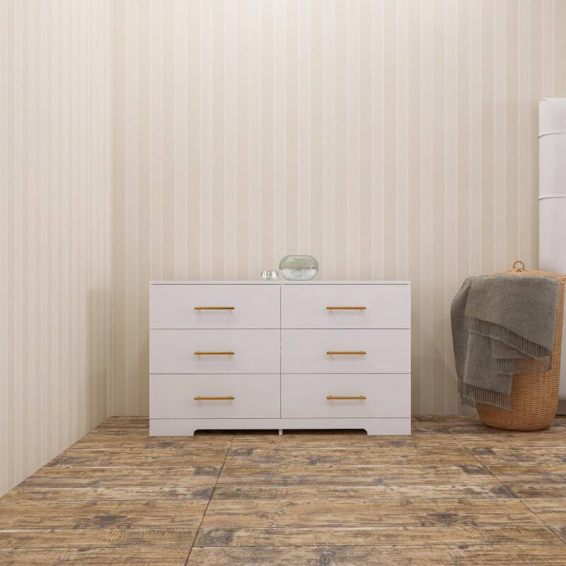 Modern Drawer Dresser Large Capacity Storage Cabinet with 6 Drawers Gold Handles, for Bedroom Living Room Entry Hallway - White