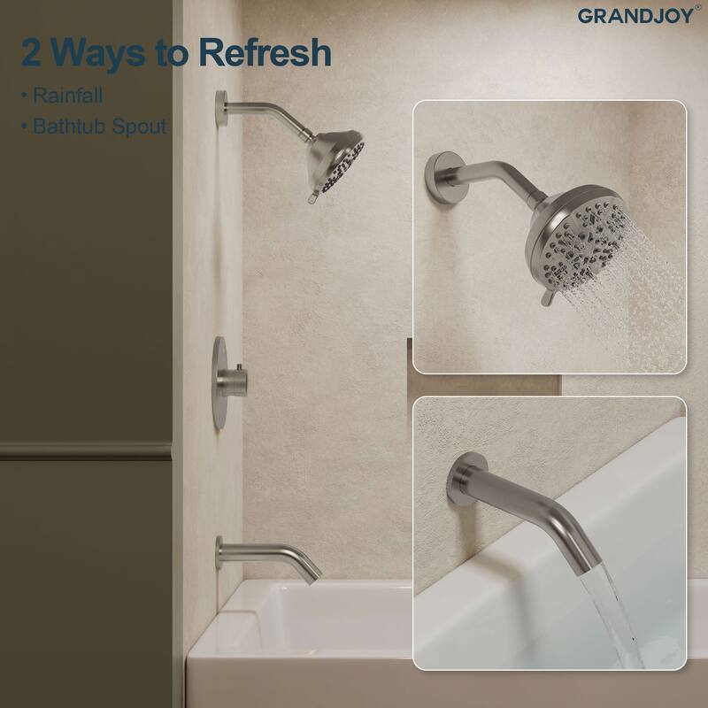 GRANDJOY 2-Function Shower System 5" High Pressure Shower Head and Tub Spout with Valve