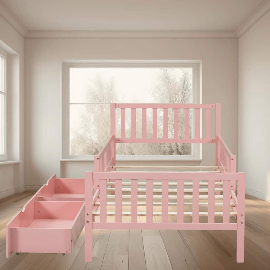 Twin Size Wooden Platform Bed Frame with Guardrails and Two Storage Drawers, Wood Construction, Children Bedroom Furniture