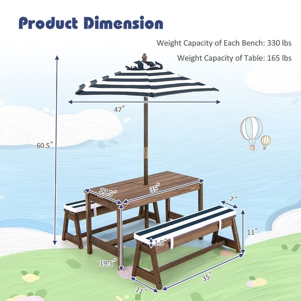 dimension image slide 0 of 2, Gymax Kids Wood Picnic Table and Bench Set w/ Cushions Umbrella for