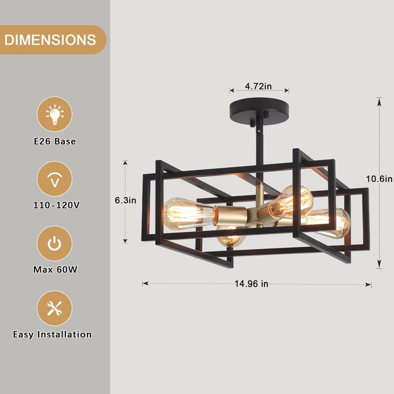 4 - Industrial Semi Flush Mount Ceiling Light Fixture - 15in - N/A