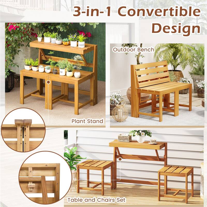 Gymax 3-in-1 Outdoor Acacia Wood Loveseat Bench Furnitur w/ Slatted