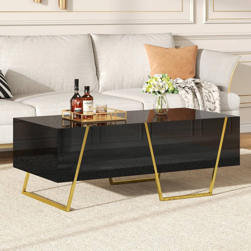 47.2" Modern Rectangular High Gloss Coffee Table - 4 Drawers, Storage, Gold Base
