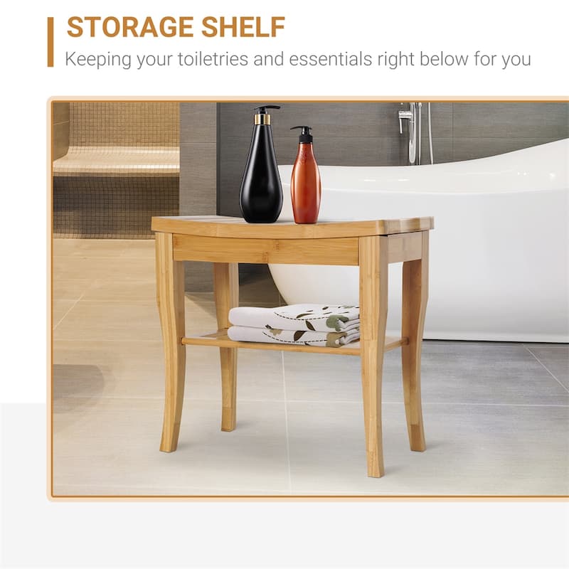 20" Wooden Long Bamboo Shower Bench Seat with Underneath Storage Shelf