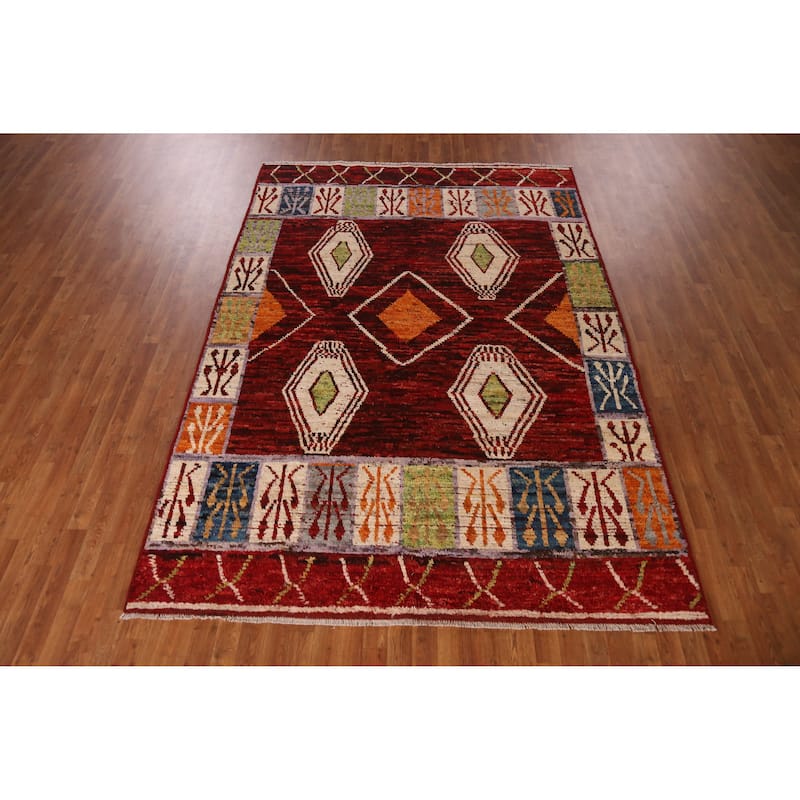 Red Geometric Moroccan Area Rug Hand-Knotted Wool Carpet - 6'10" x 9'9"