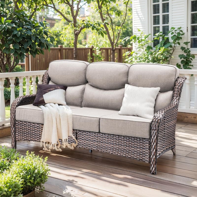 Outdoor Wicker Sofa PE Rattan Patio Couch Sofa - 3-Seat Sofa - Brown Rattan - Beige Cushion