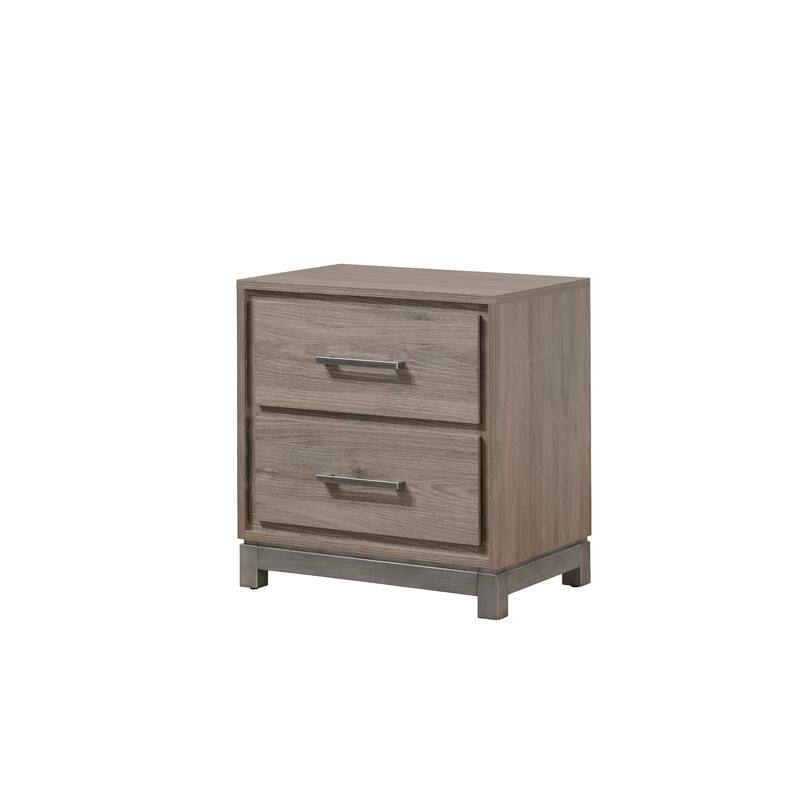 Contemporary Two-Drawer Nightstand with Metal Handle in Gray Oak - Brown,Gray